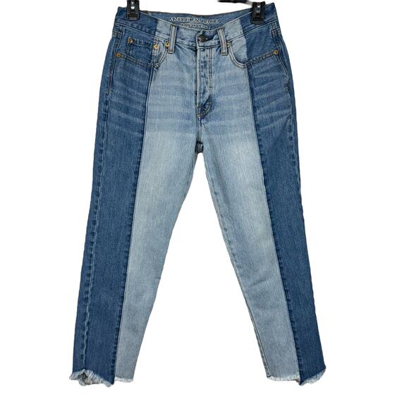 American Eagle SZ 6 Vintage Hi-Rise Cropped Jeans Button-Fly Two-Tone Chewed Hem - Picture 1 of 11
